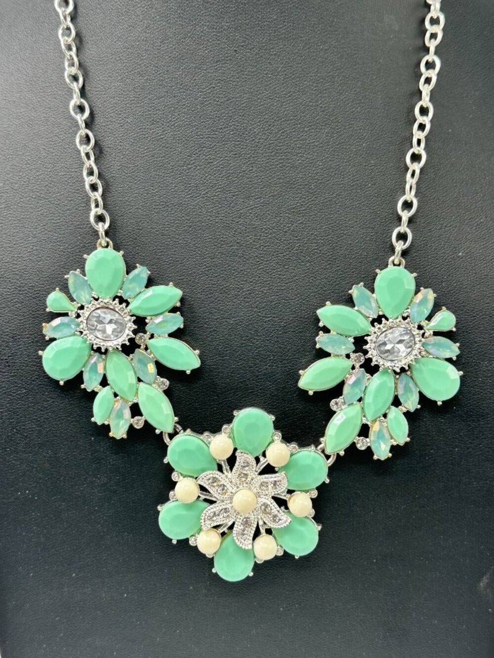 3/$30 Mint Green Rhinestone Statement Necklace Silver Floral Bling Adjustable
